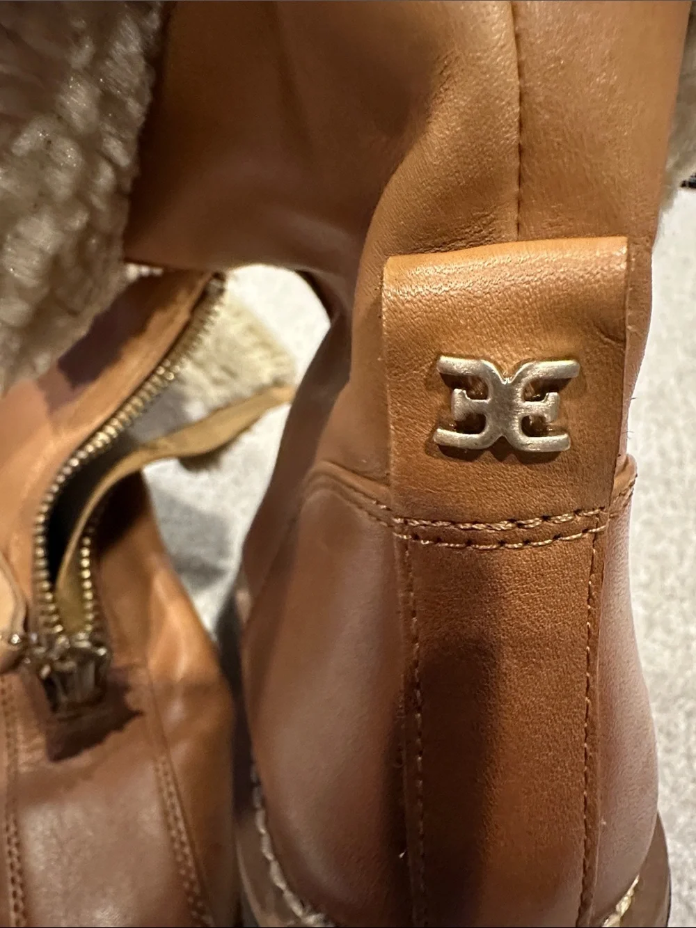 Sam Edelman Tan Leather Shearling-Trim Lug Sole Ankle Boots